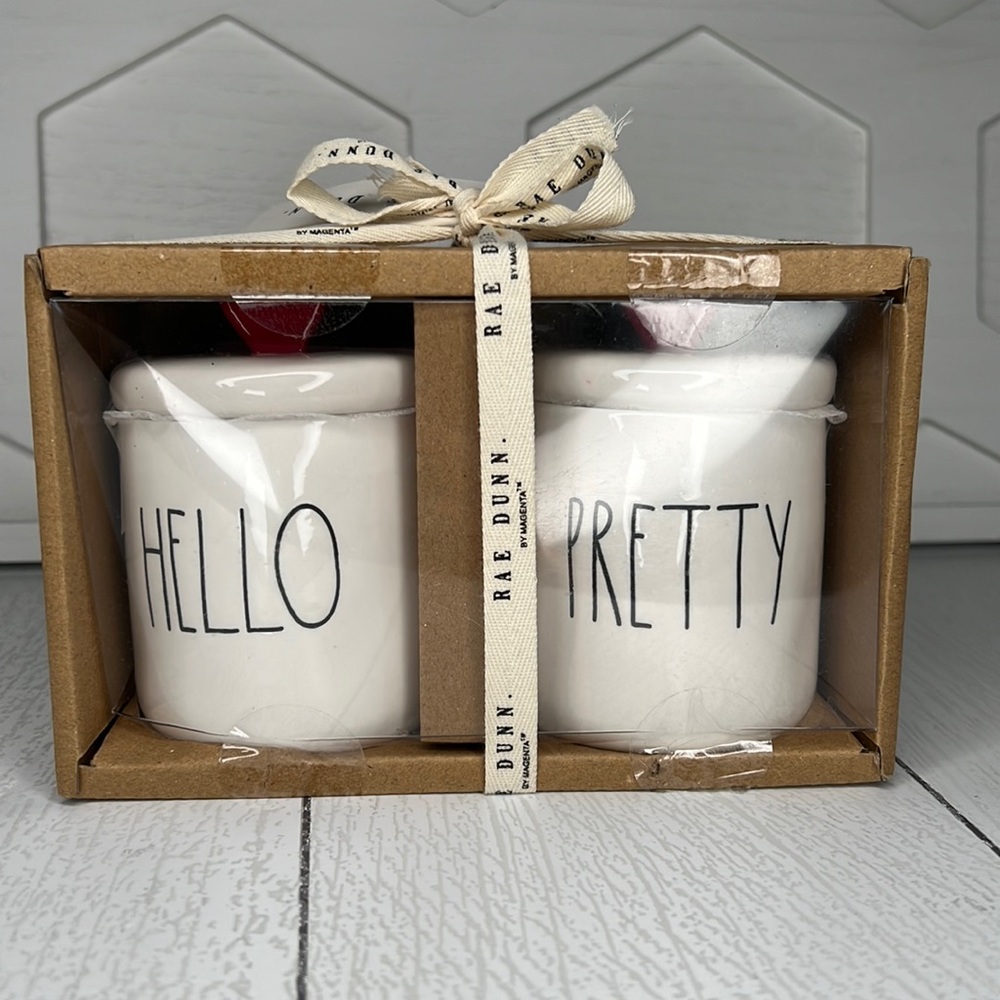 Rae Dunn HELLO PRETTY Set of 2 X-Small Heart Knob Canisters Artisan Collection